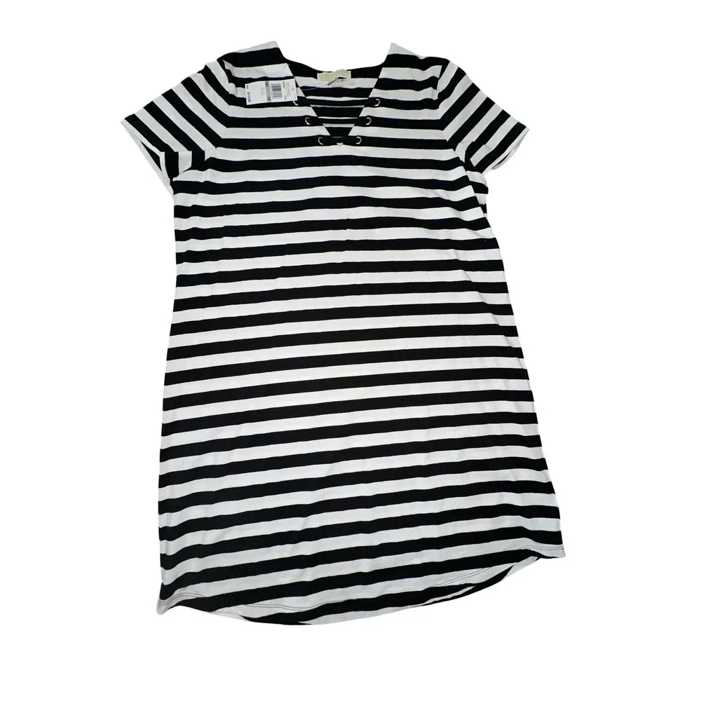 Michael Kors New 1X Striped Lace Up V-Neck Nautical T-Shirt Dress Black White